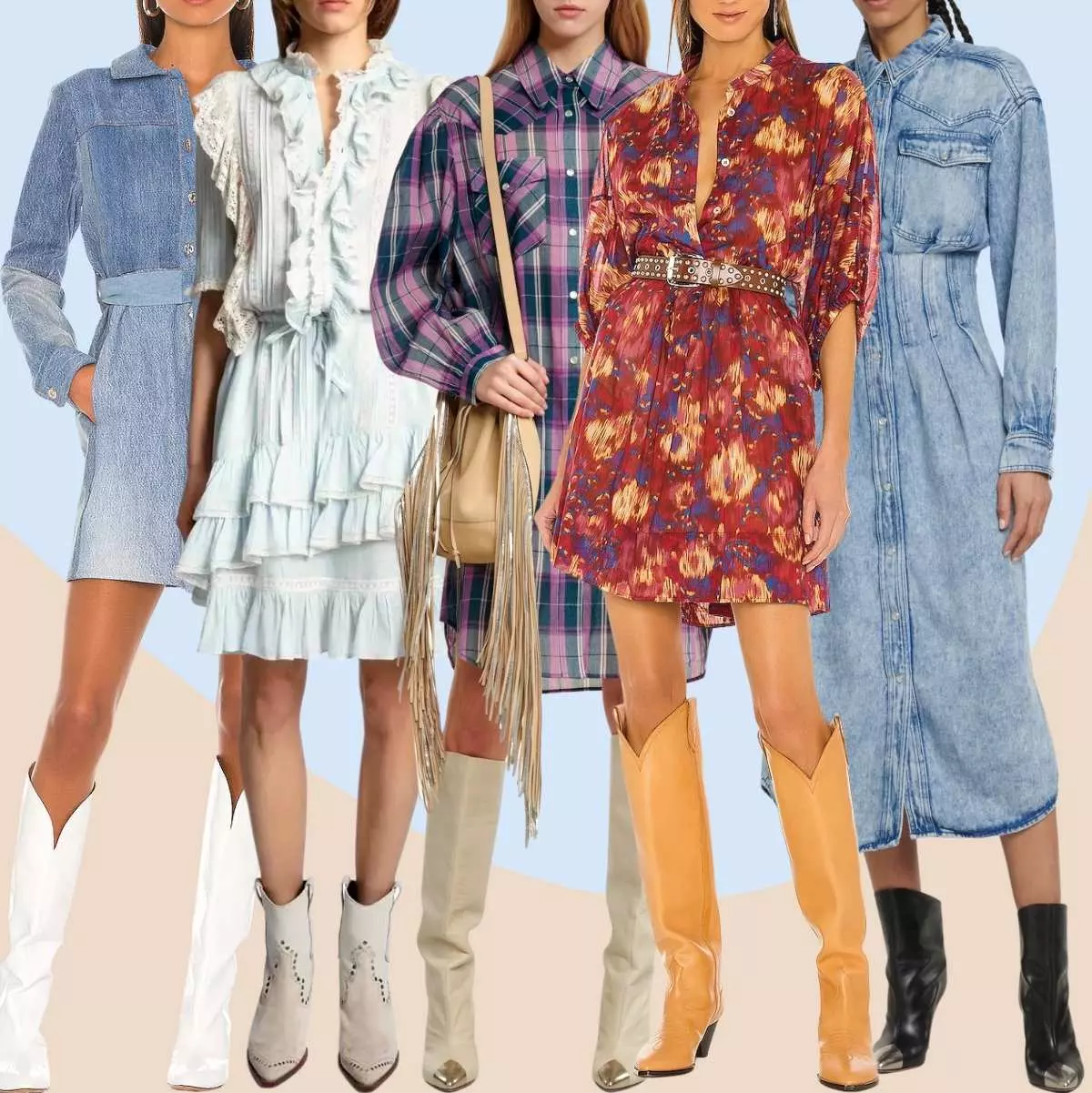 Collage of 5 women wearing different  <a href='https://shopmrkatin.vn/jeremiah-craig-a3076.html' title='cowboy boots' class='hover-show-link replace-link-42'>cowboy boots<span class='hover-show-content'></span></a>  with a shirt dress.