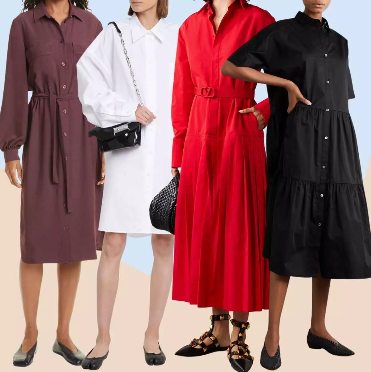 Collage of 5 women wearing different mules and clogs with a shirt dress.