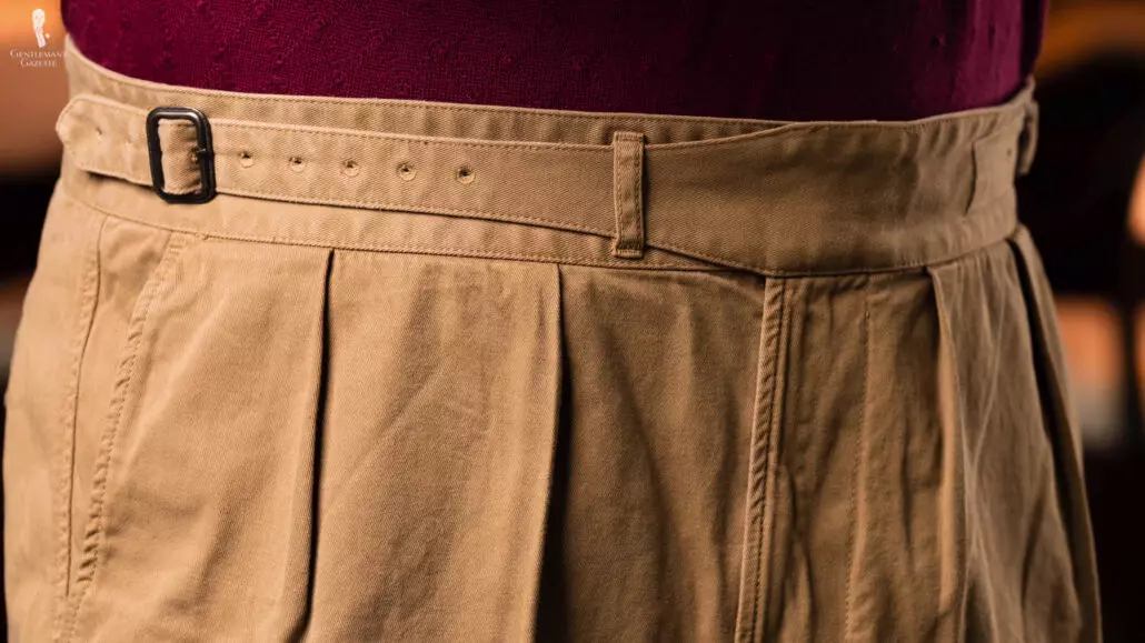 Cotton Gurkha trousers in khaki with a double-pleated front.