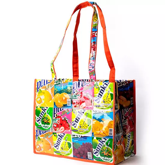 Tote of upcycled Doypacks by Kilus Foundation