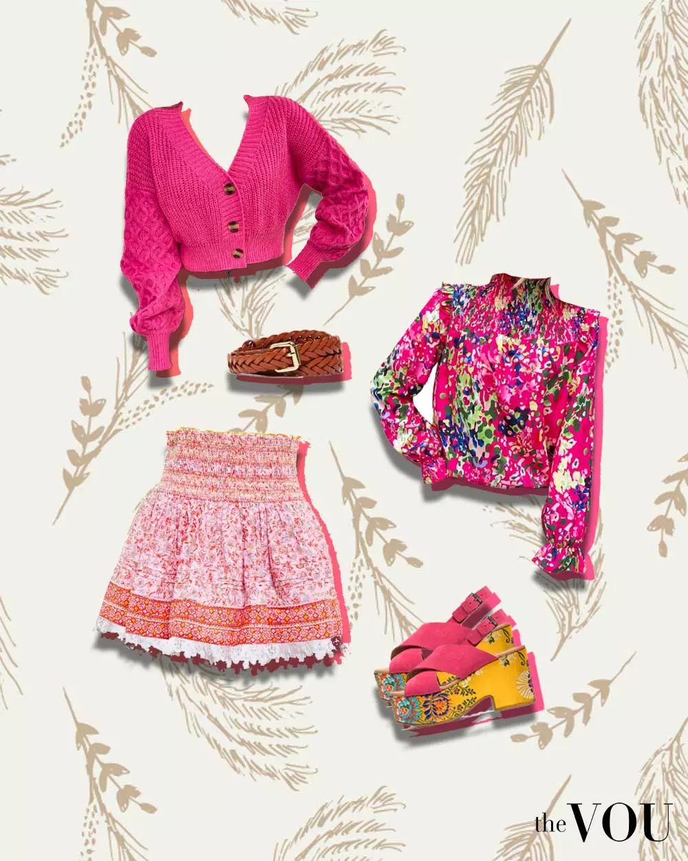 Boho Preppy outfit: Colorful knitted puff sleeve button-up cardigan, ruffle blouse, ruffle miniskirt, high-heel sandals, boho belt