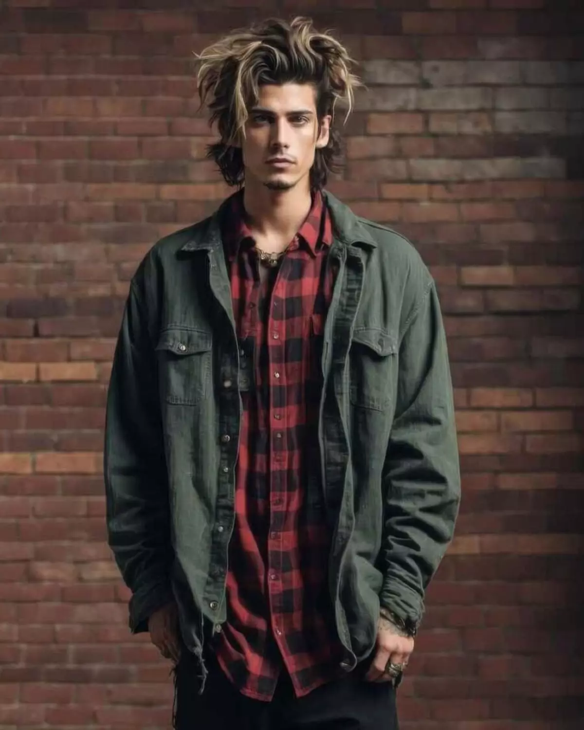 Man wearing a longline red/black grunge check shirt and green army surplus jacket with black ripped jeans
