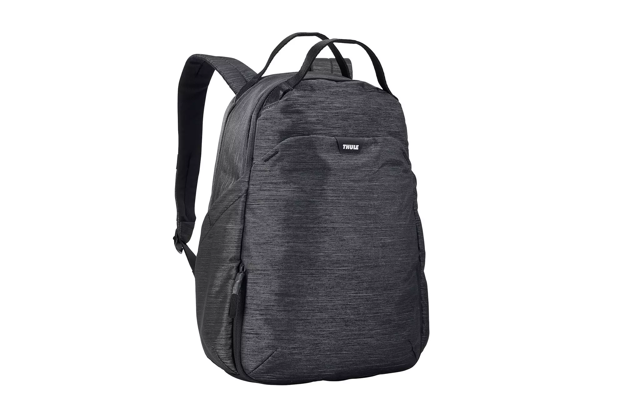 A black backpack with a strap.