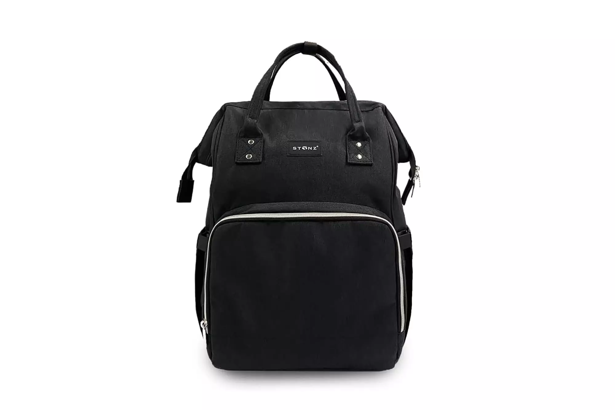 Black backpack with zippers.