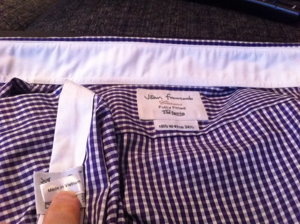 This image is part of the TM Lewin review and shows the TM Lewin label, showing the TM Lewin shirt is made in Vietnam.